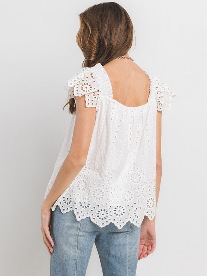 WOMEN'S RUFFLE SLEEVE EYELET TUNIC TANK TOP