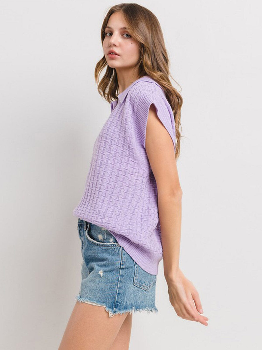 WOMEN'S SHORT SLEEVE V-NECK COLLAR KNITTED BLOUSE