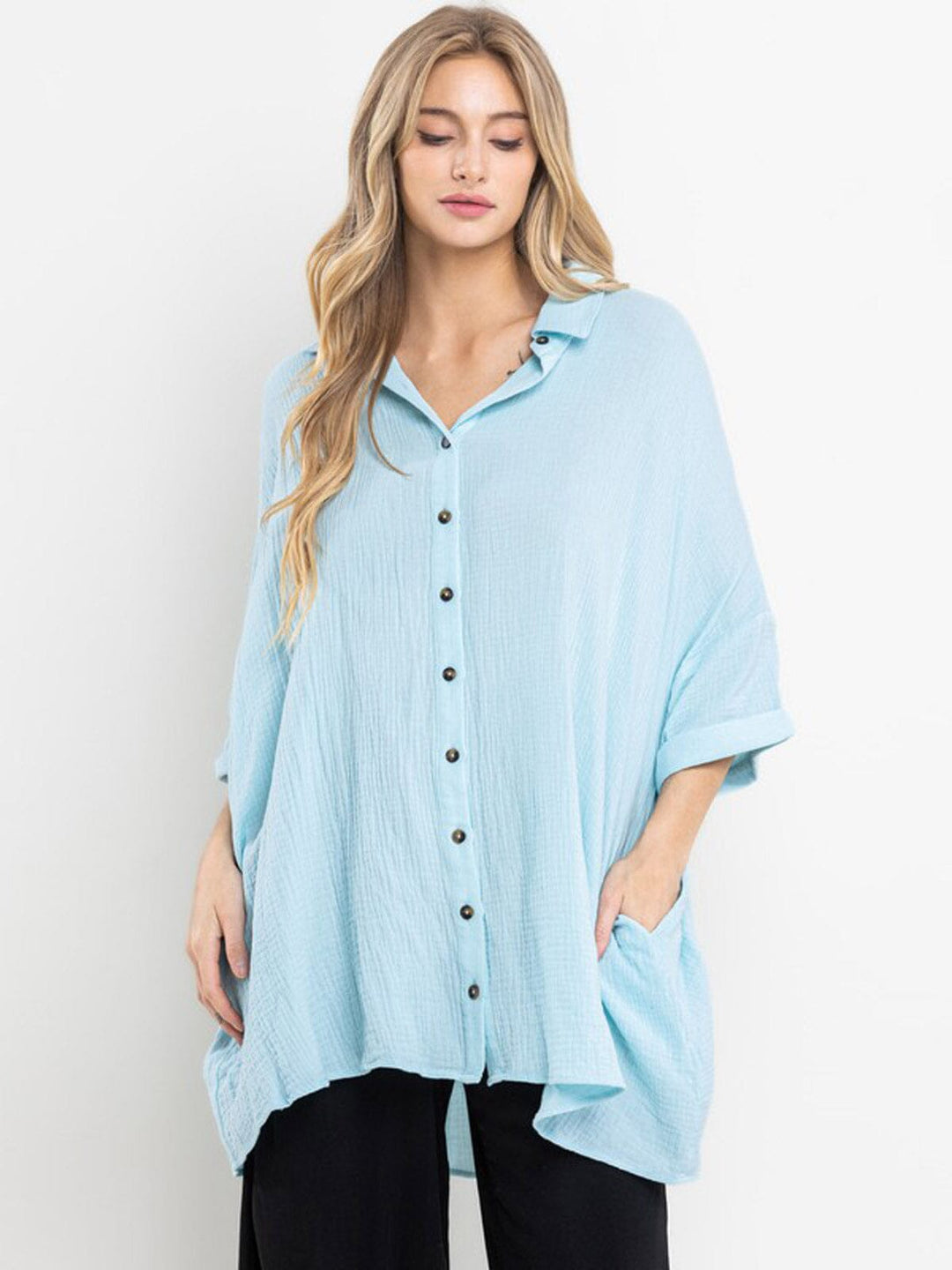 WOMEN'S 3/4 SLEEVE BUTTON UP FRONT POCKETS TUNIC BLOUSE