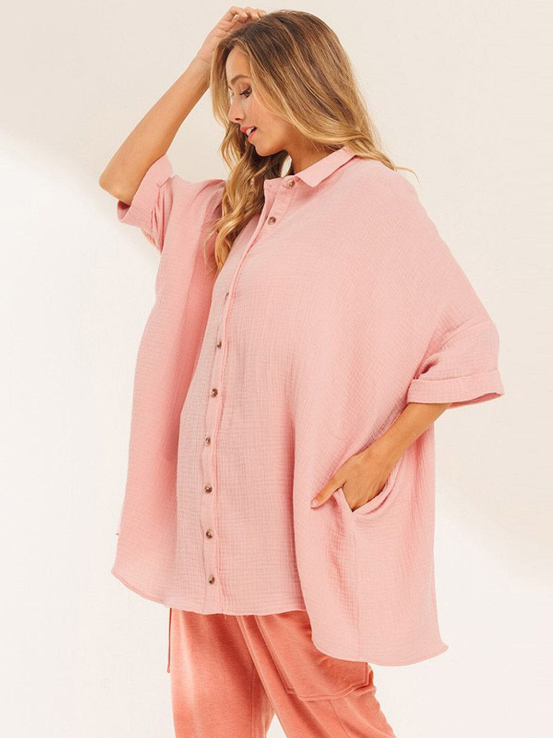 WOMEN'S 3/4 SLEEVE BUTTON UP FRONT POCKETS TUNIC BLOUSE