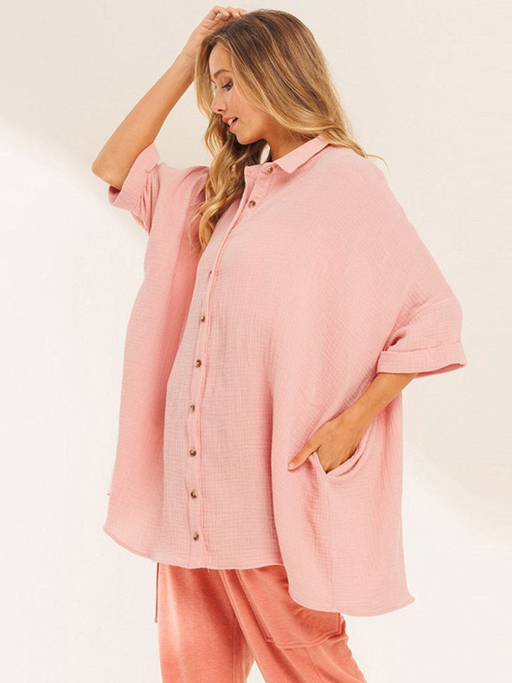 WOMEN'S 3/4 SLEEVE BUTTON UP FRONT POCKETS TUNIC BLOUSE