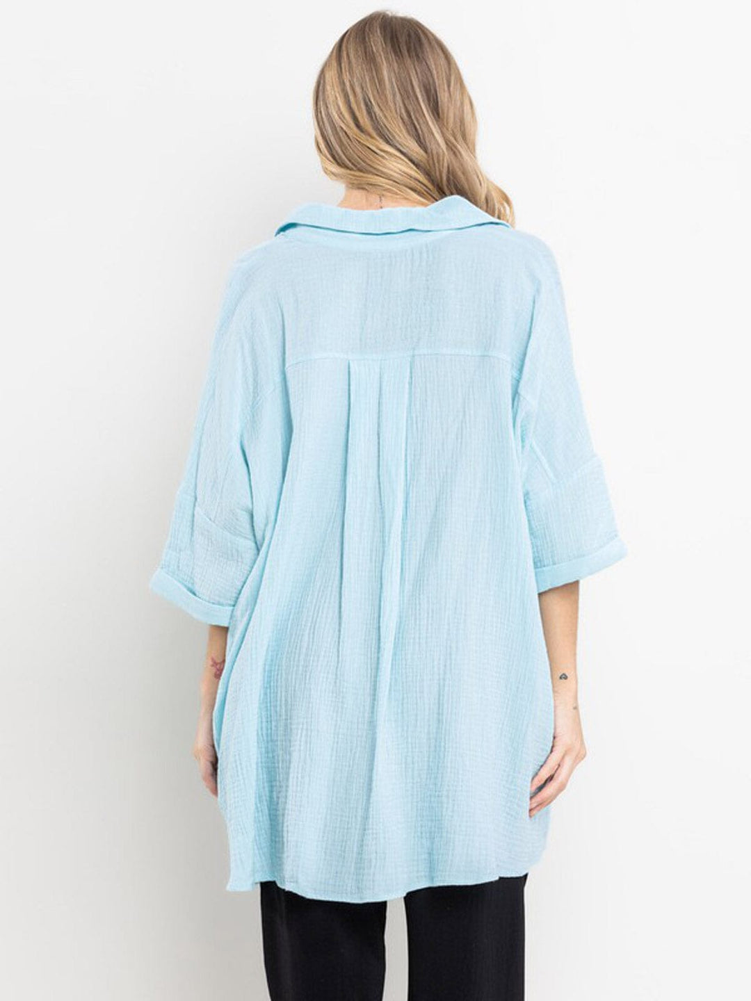 WOMEN'S 3/4 SLEEVE BUTTON UP FRONT POCKETS TUNIC BLOUSE