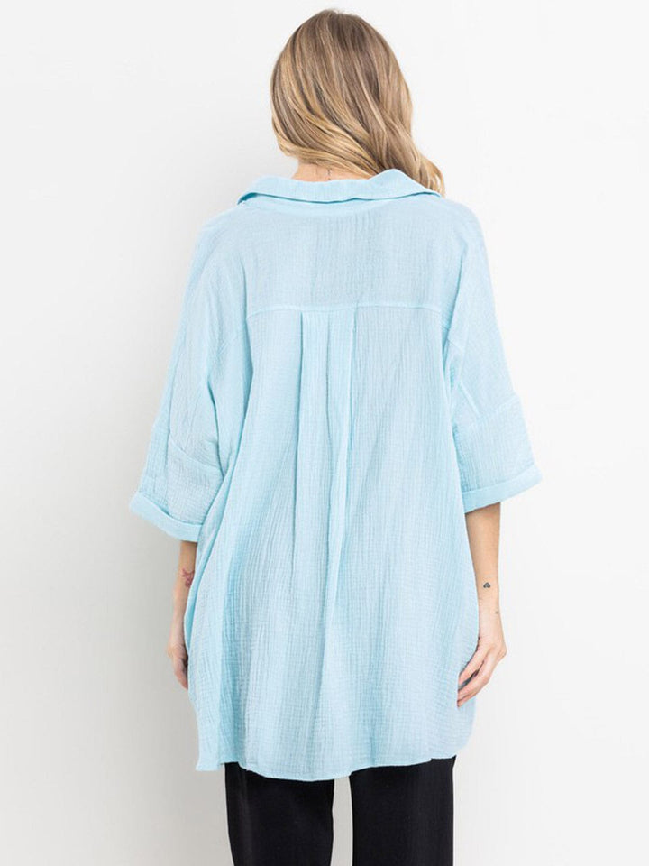 WOMEN'S 3/4 SLEEVE BUTTON UP FRONT POCKETS TUNIC BLOUSE