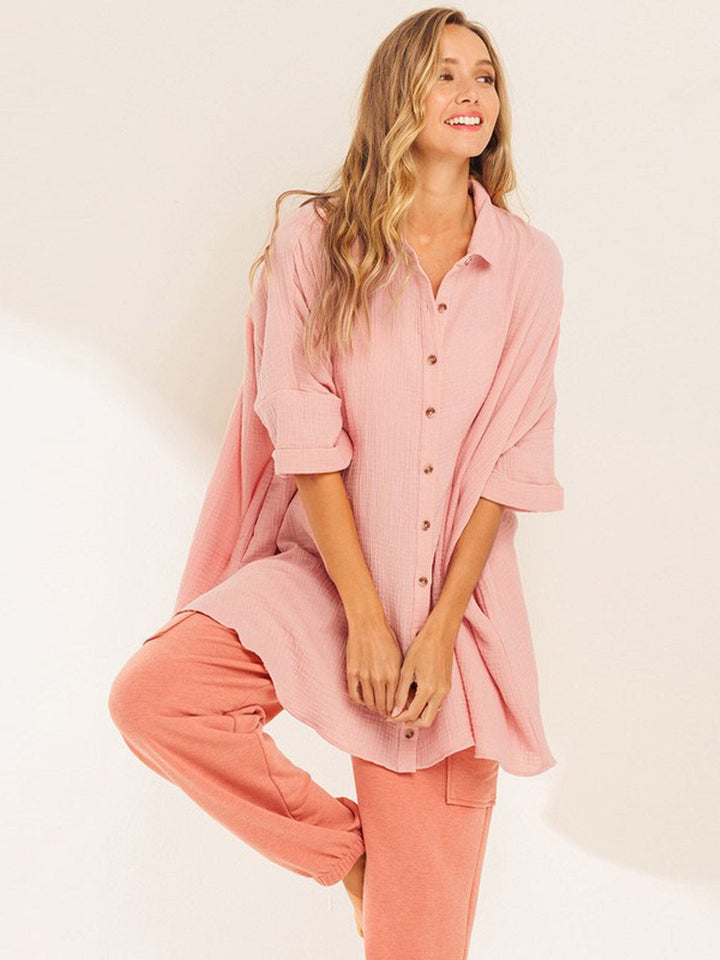 WOMEN'S 3/4 SLEEVE BUTTON UP FRONT POCKETS TUNIC BLOUSE