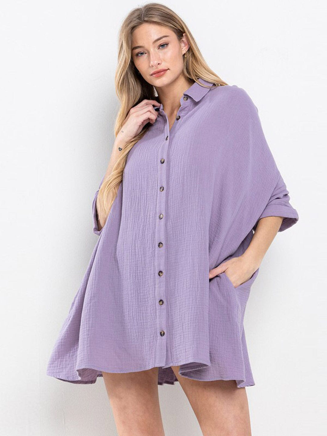 WOMEN'S 3/4 SLEEVE BUTTON UP FRONT POCKETS TUNIC BLOUSE