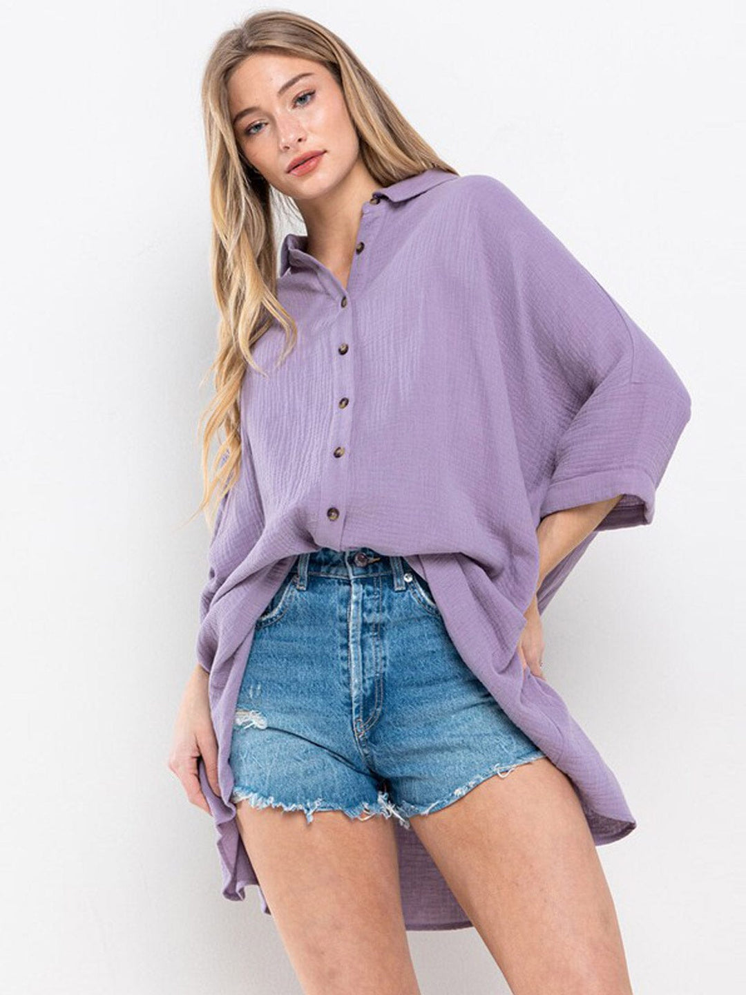 WOMEN'S 3/4 SLEEVE BUTTON UP FRONT POCKETS TUNIC BLOUSE