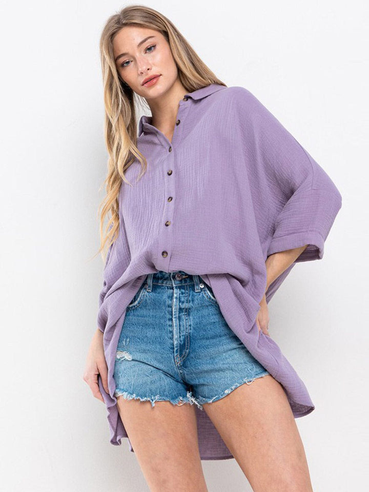 WOMEN'S 3/4 SLEEVE BUTTON UP FRONT POCKETS TUNIC BLOUSE