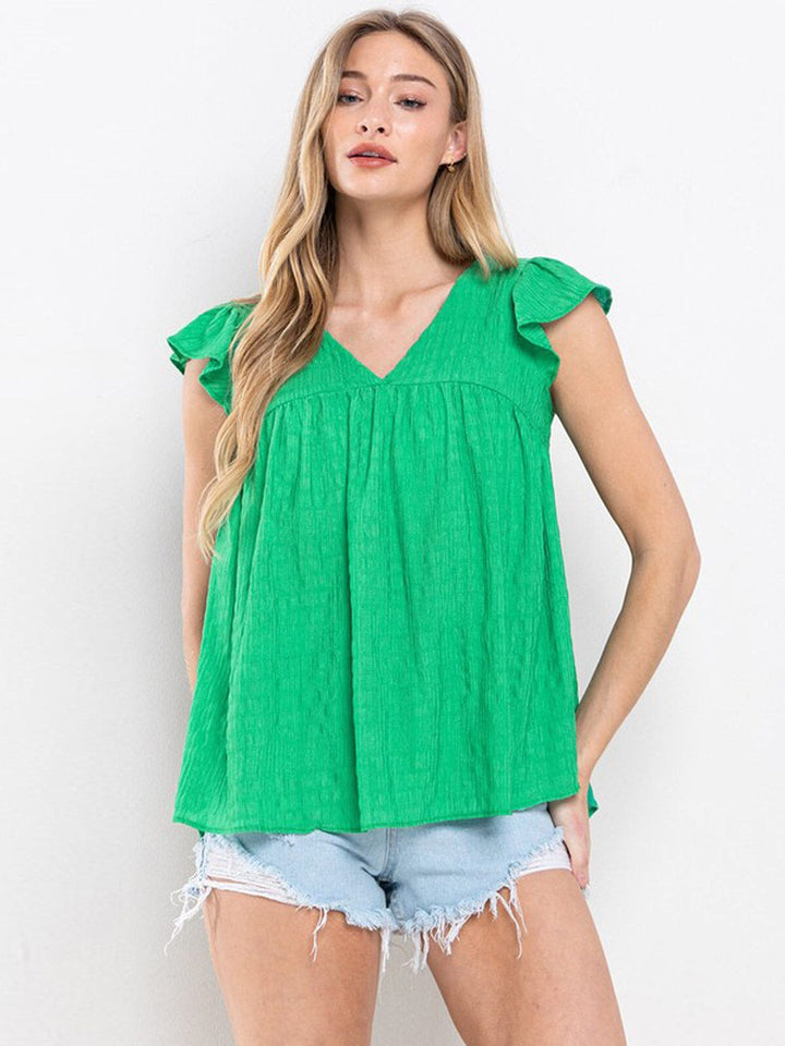 WOMEN'S SHORT RUFFLE SLEEVE V-NECK BLOUSE TOP