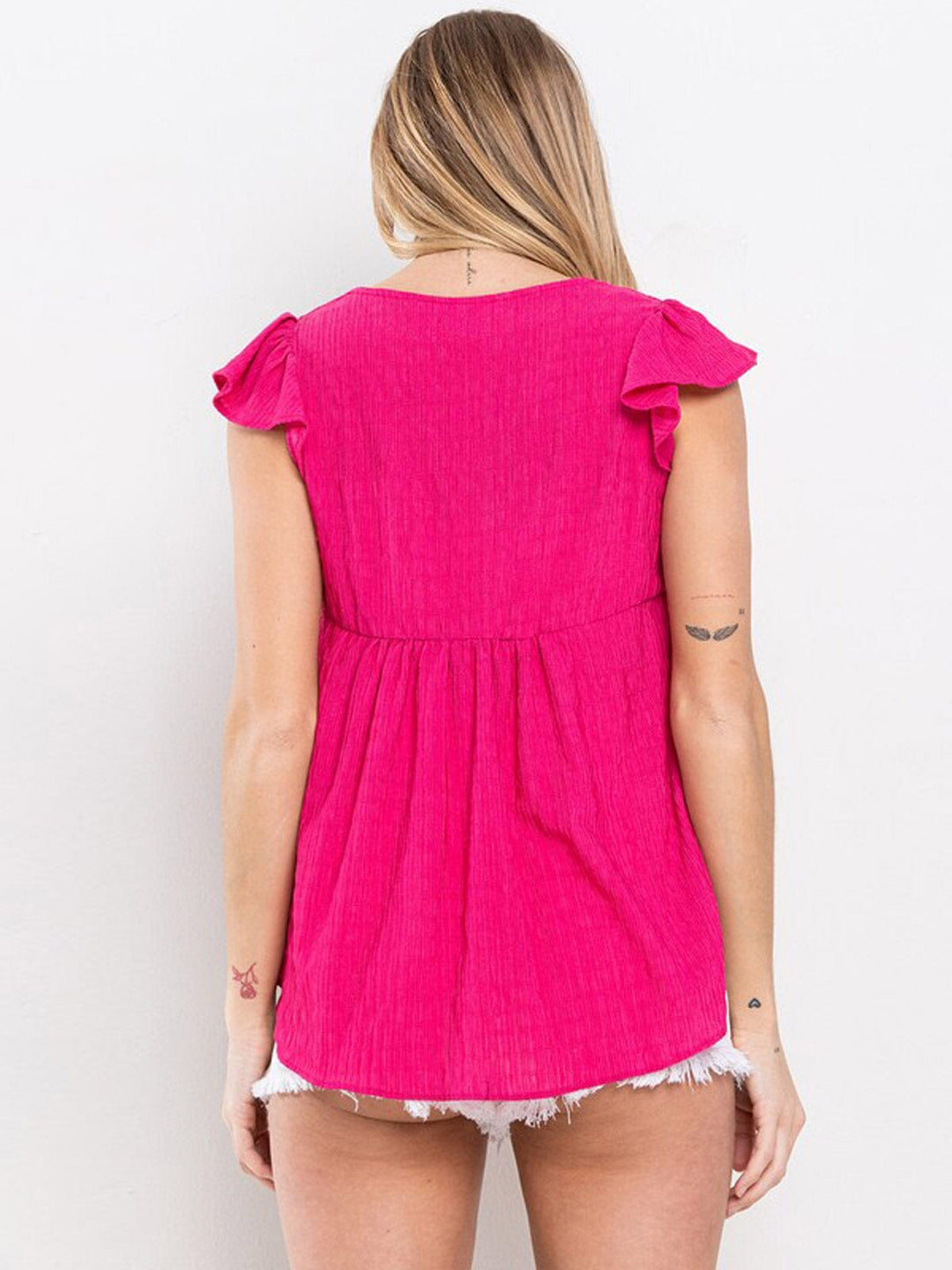 WOMEN'S SHORT RUFFLE SLEEVE V-NECK BLOUSE TOP
