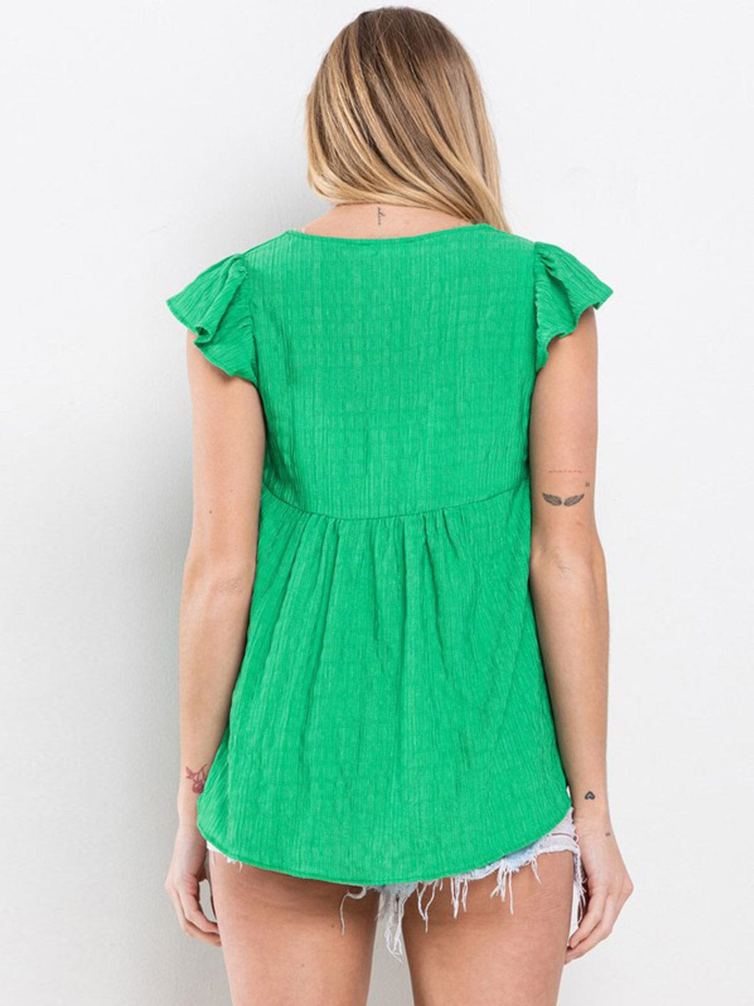 WOMEN'S SHORT RUFFLE SLEEVE V-NECK BLOUSE TOP