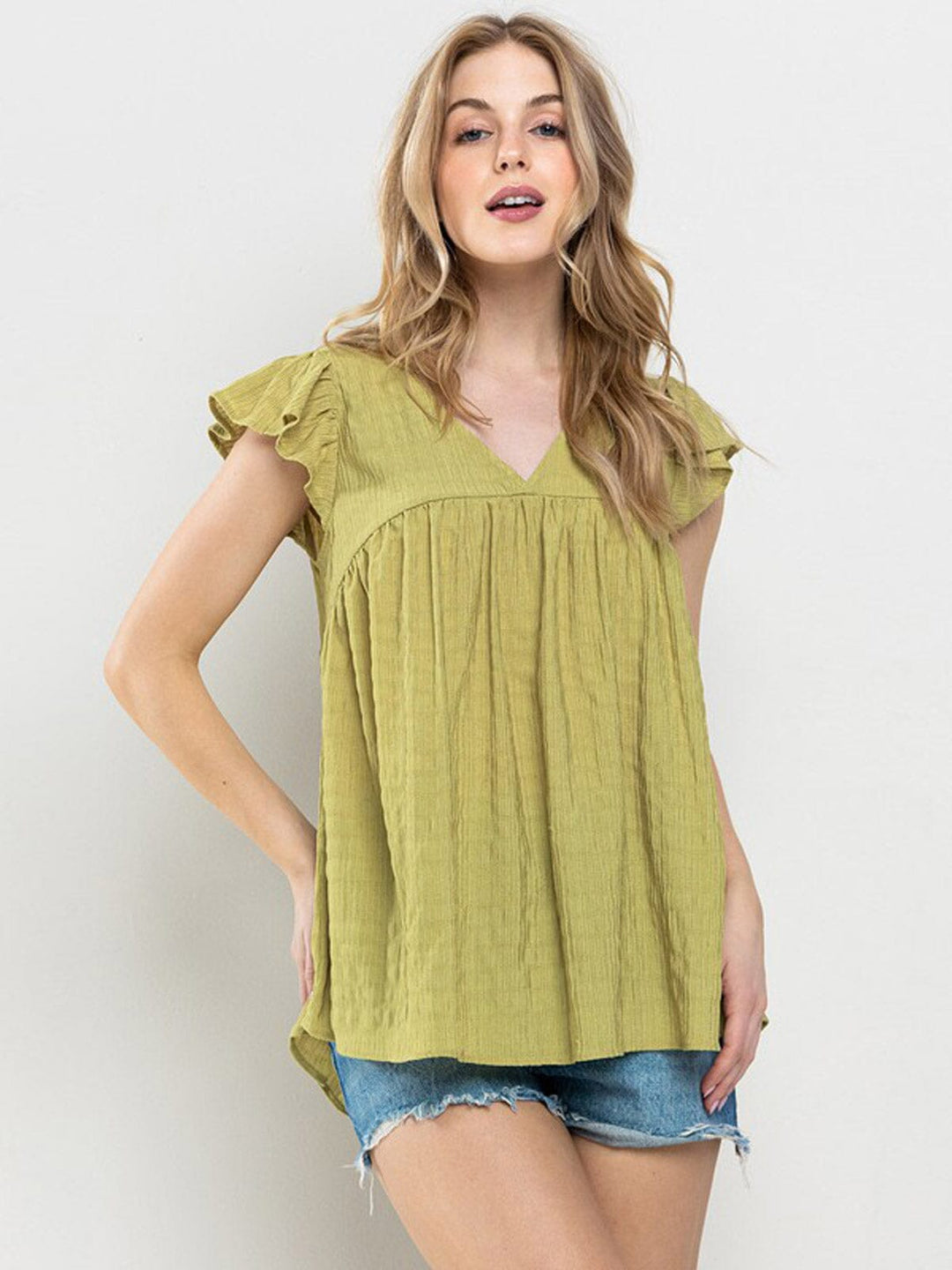WOMEN'S SHORT RUFFLE SLEEVE V-NECK BLOUSE TOP