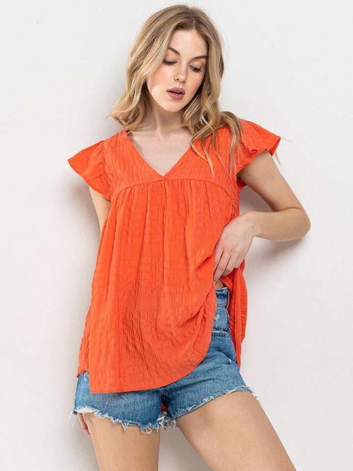 WOMEN'S SHORT RUFFLE SLEEVE V-NECK BLOUSE TOP