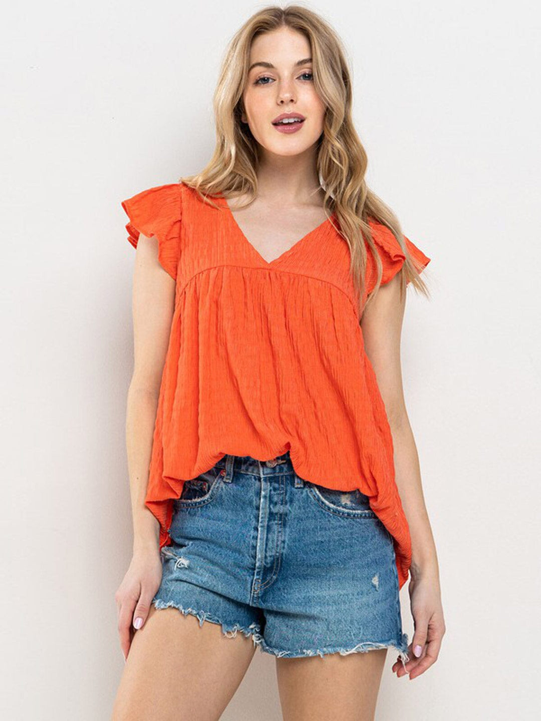WOMEN'S SHORT RUFFLE SLEEVE V-NECK BLOUSE TOP