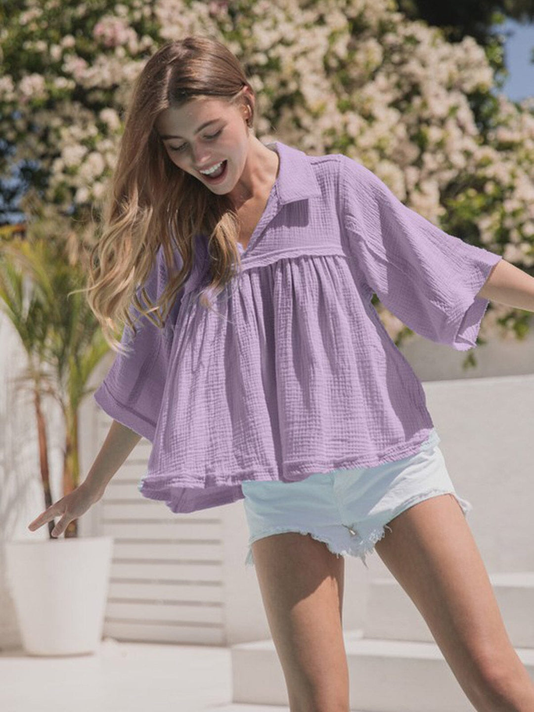 WOMEN'S SHORT SLEEVE V-NECK OVERSIZED HIGH-LOW TUNIC TOP
