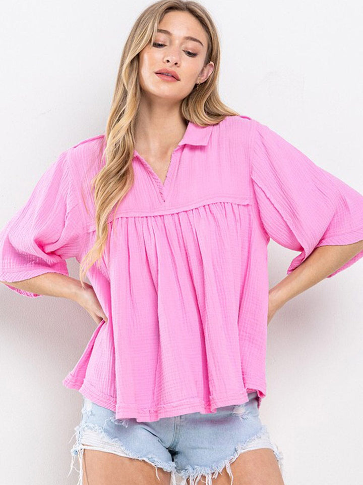 WOMEN'S SHORT SLEEVE V-NECK OVERSIZED HIGH-LOW TUNIC TOP