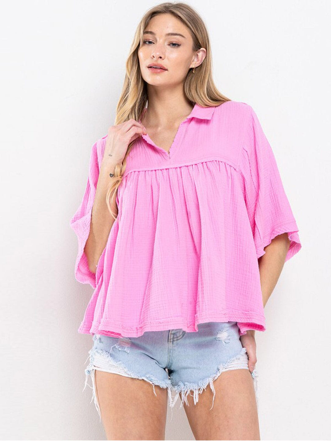 WOMEN'S SHORT SLEEVE V-NECK OVERSIZED HIGH-LOW TUNIC TOP