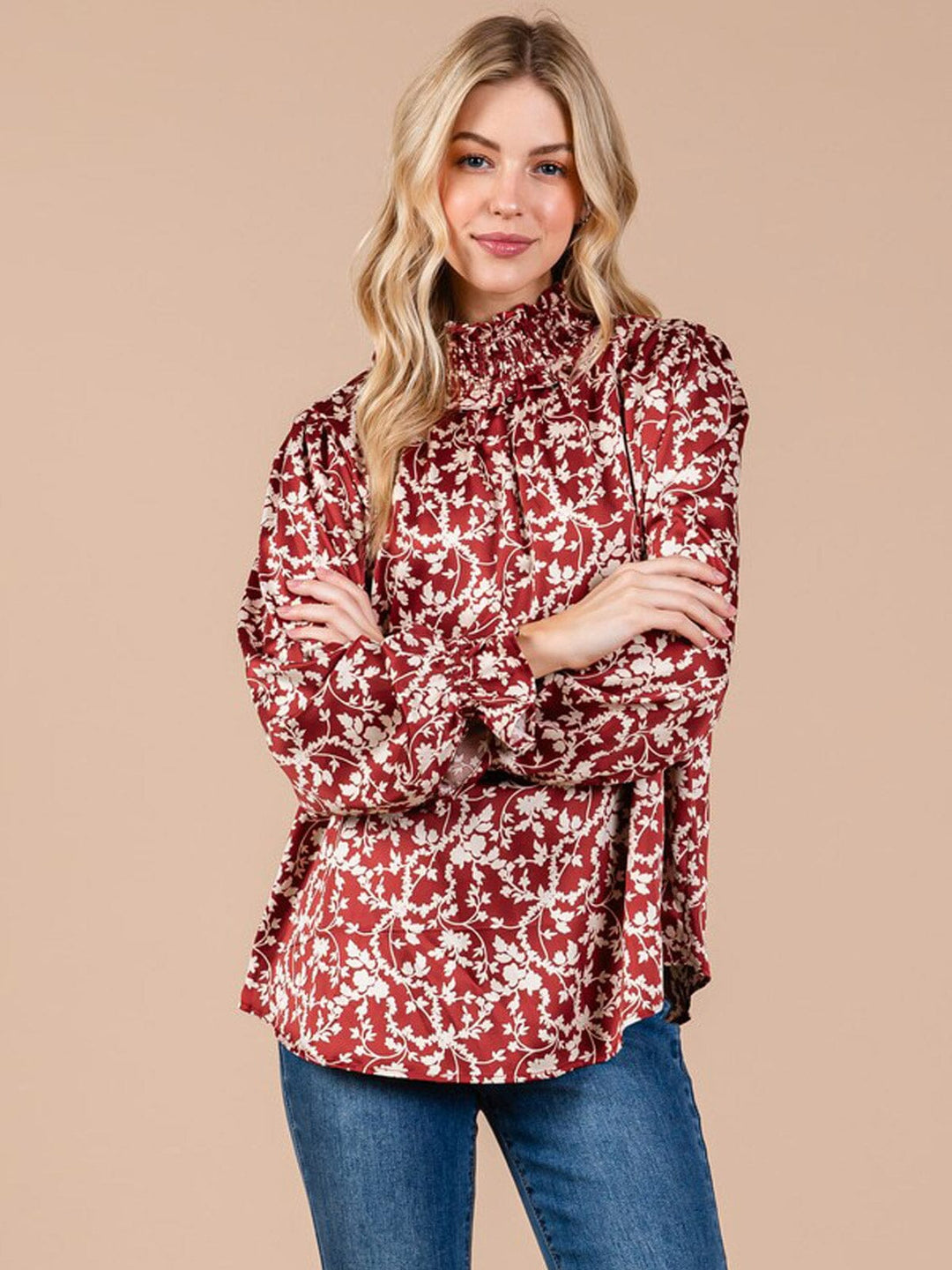 WOMEN'S LONG SLEEVE MOCK NECK FLORAL PRINT BLOUSE