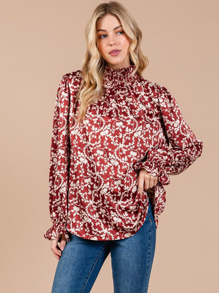 WOMEN'S LONG SLEEVE MOCK NECK FLORAL PRINT BLOUSE