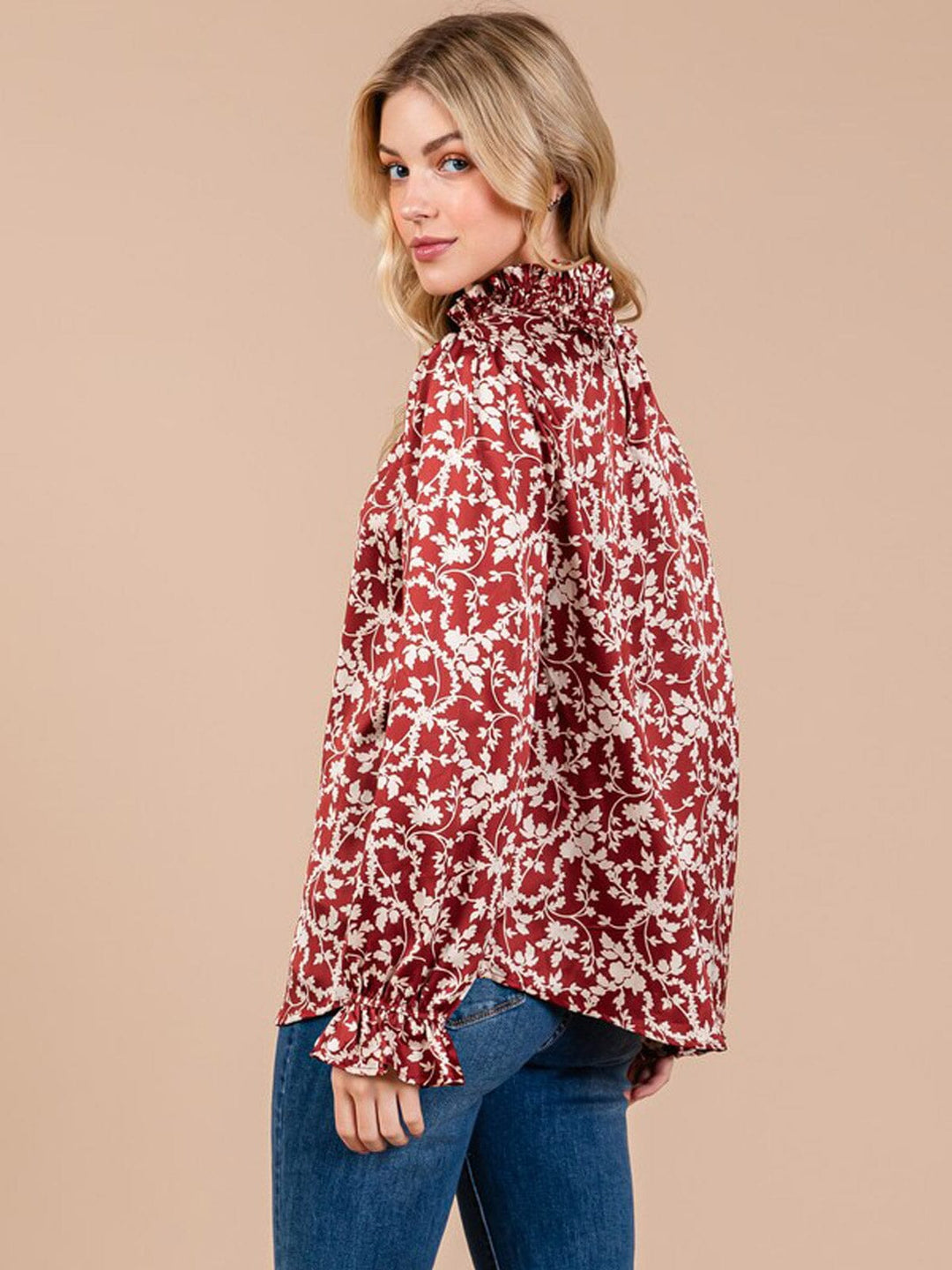 WOMEN'S LONG SLEEVE MOCK NECK FLORAL PRINT BLOUSE