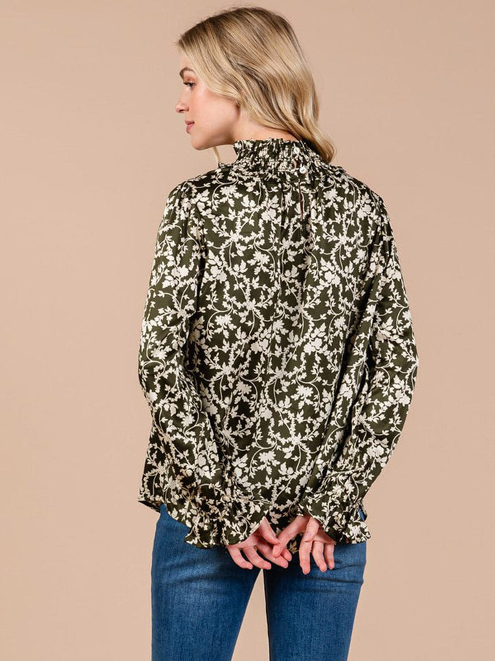 WOMEN'S LONG SLEEVE MOCK NECK FLORAL PRINT BLOUSE