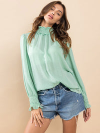 WOMEN'S LONG SLEEVE TURTLE NECK SOLID SATIN BLOUSE TOP