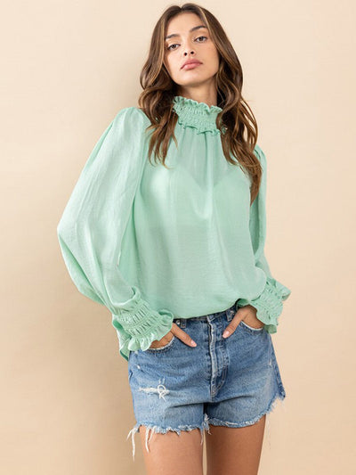 WOMEN'S LONG SLEEVE TURTLE NECK SOLID SATIN BLOUSE TOP