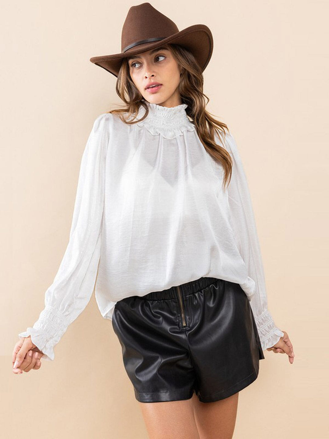 WOMEN'S LONG SLEEVE TURTLE NECK SOLID SATIN BLOUSE TOP