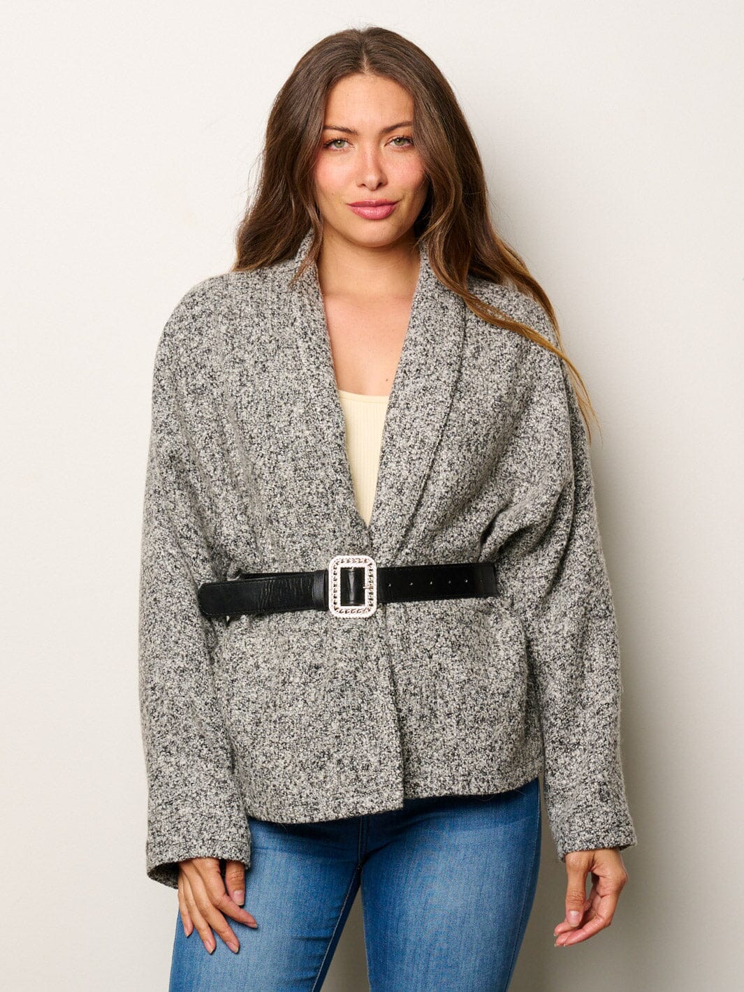 WOMEN'S LONG SLEEVE OPEN FRONT BELTED JACKET