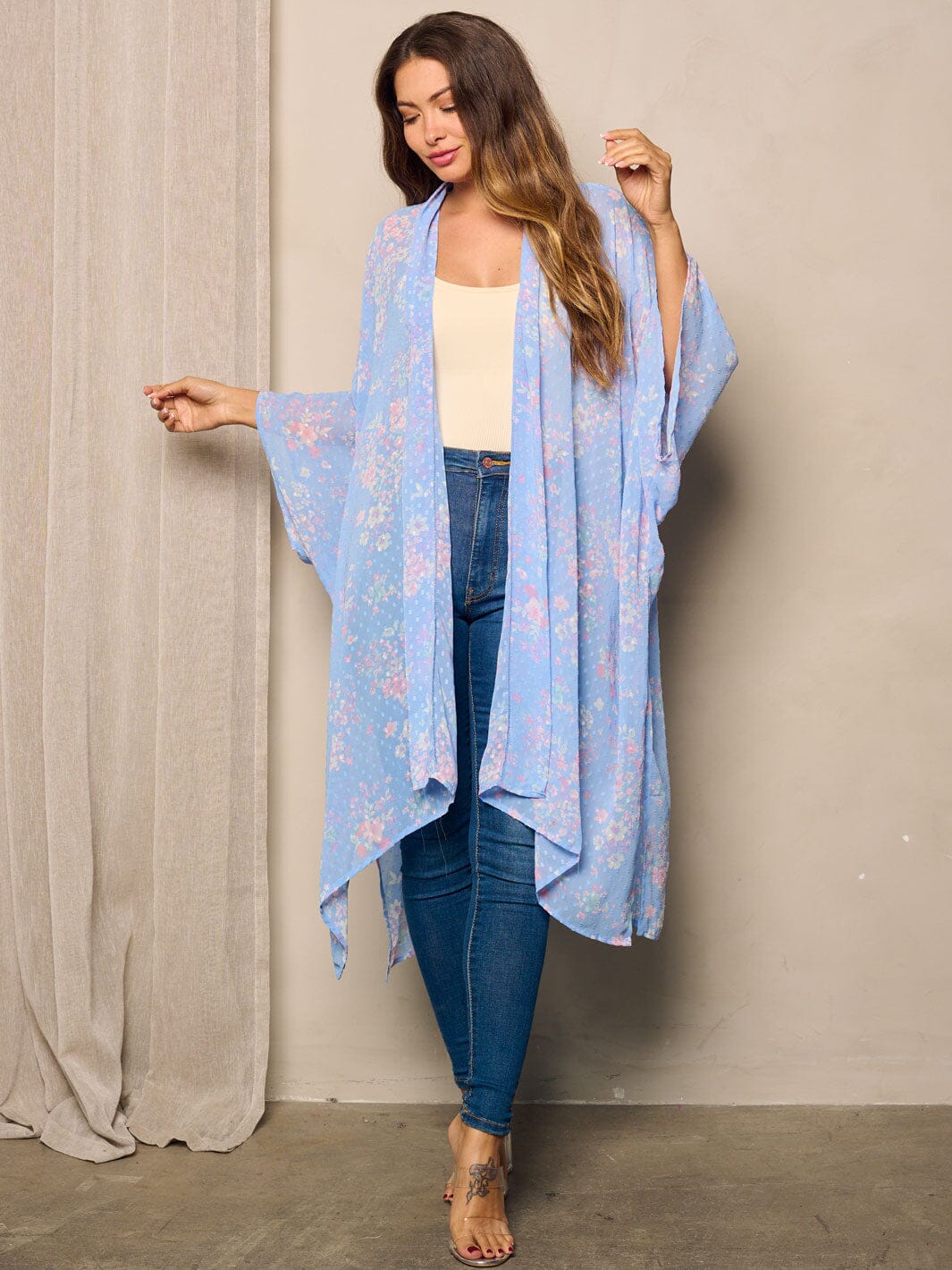 WOMEN'S SHORT SLEEVE OPEN FRONT SWISS DOTS FLORAL KIMONO