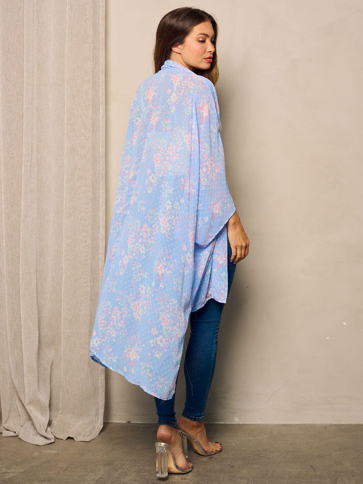 WOMEN'S SHORT SLEEVE OPEN FRONT SWISS DOTS FLORAL KIMONO