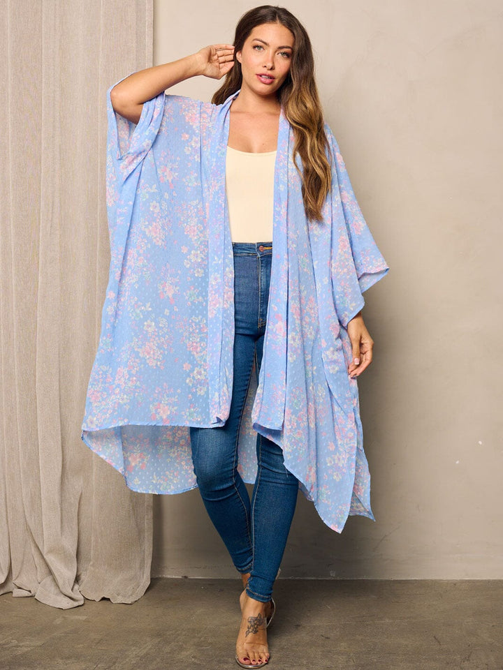 WOMEN'S SHORT SLEEVE OPEN FRONT SWISS DOTS FLORAL KIMONO