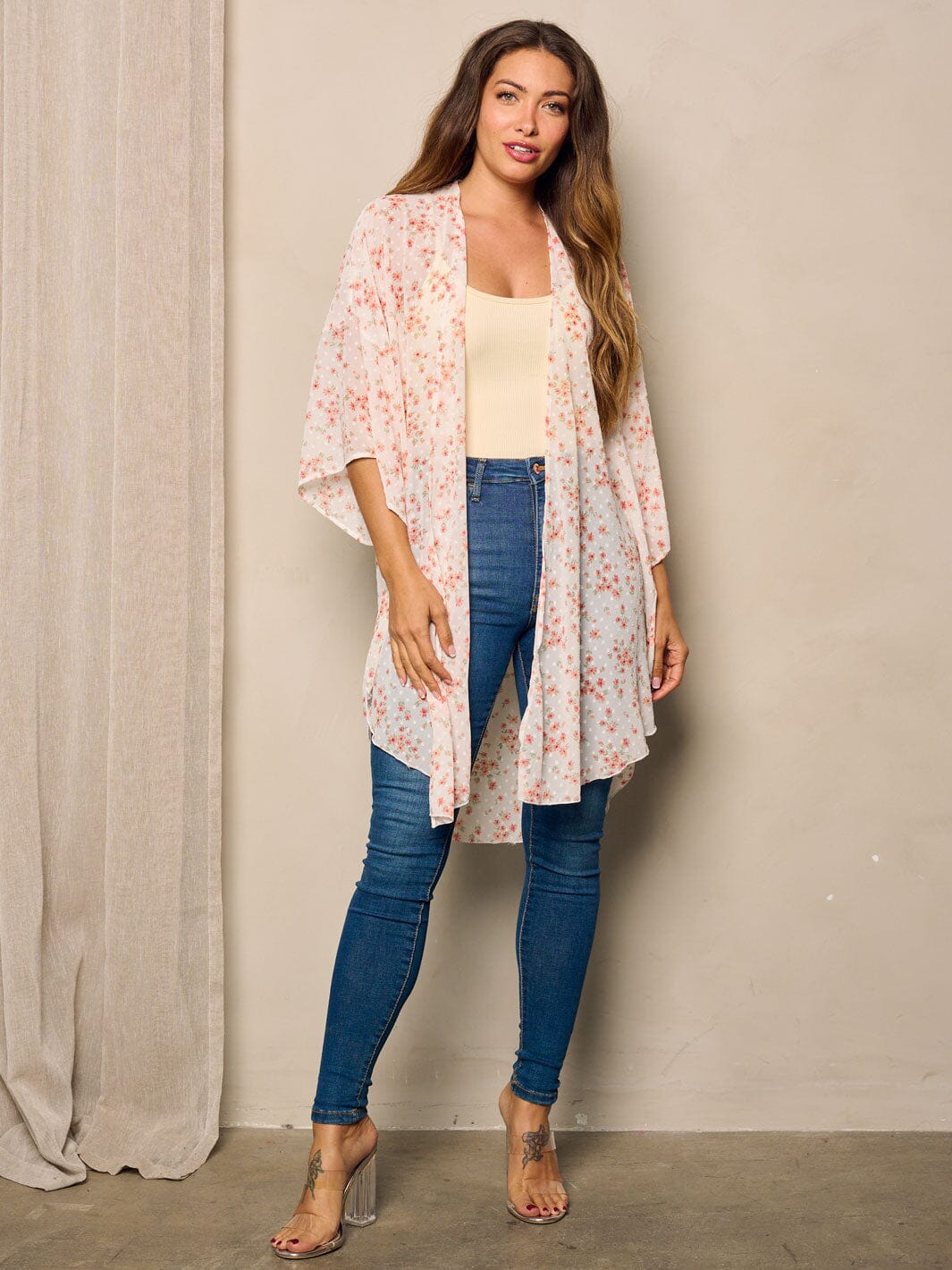 WOMEN'S SHORT SLEEVE OPEN FRONT SWISS DOTS FLORAL KIMONO