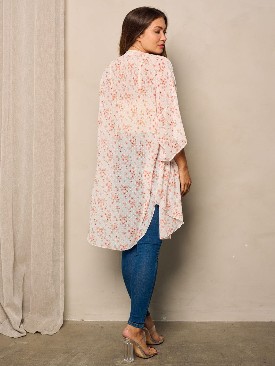 WOMEN'S SHORT SLEEVE OPEN FRONT SWISS DOTS FLORAL KIMONO ...