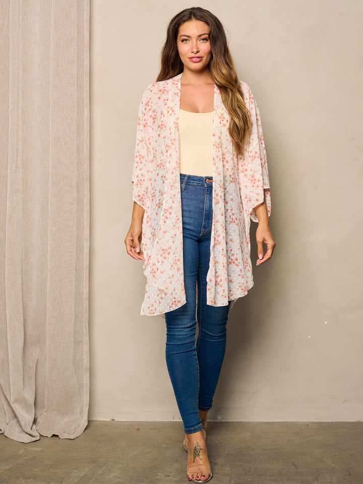 WOMEN'S SHORT SLEEVE OPEN FRONT SWISS DOTS FLORAL KIMONO