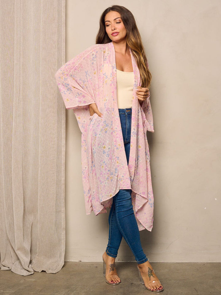 WOMEN'S SHORT SLEEVE OPEN FRONT SWISS DOTS FLORAL KIMONO