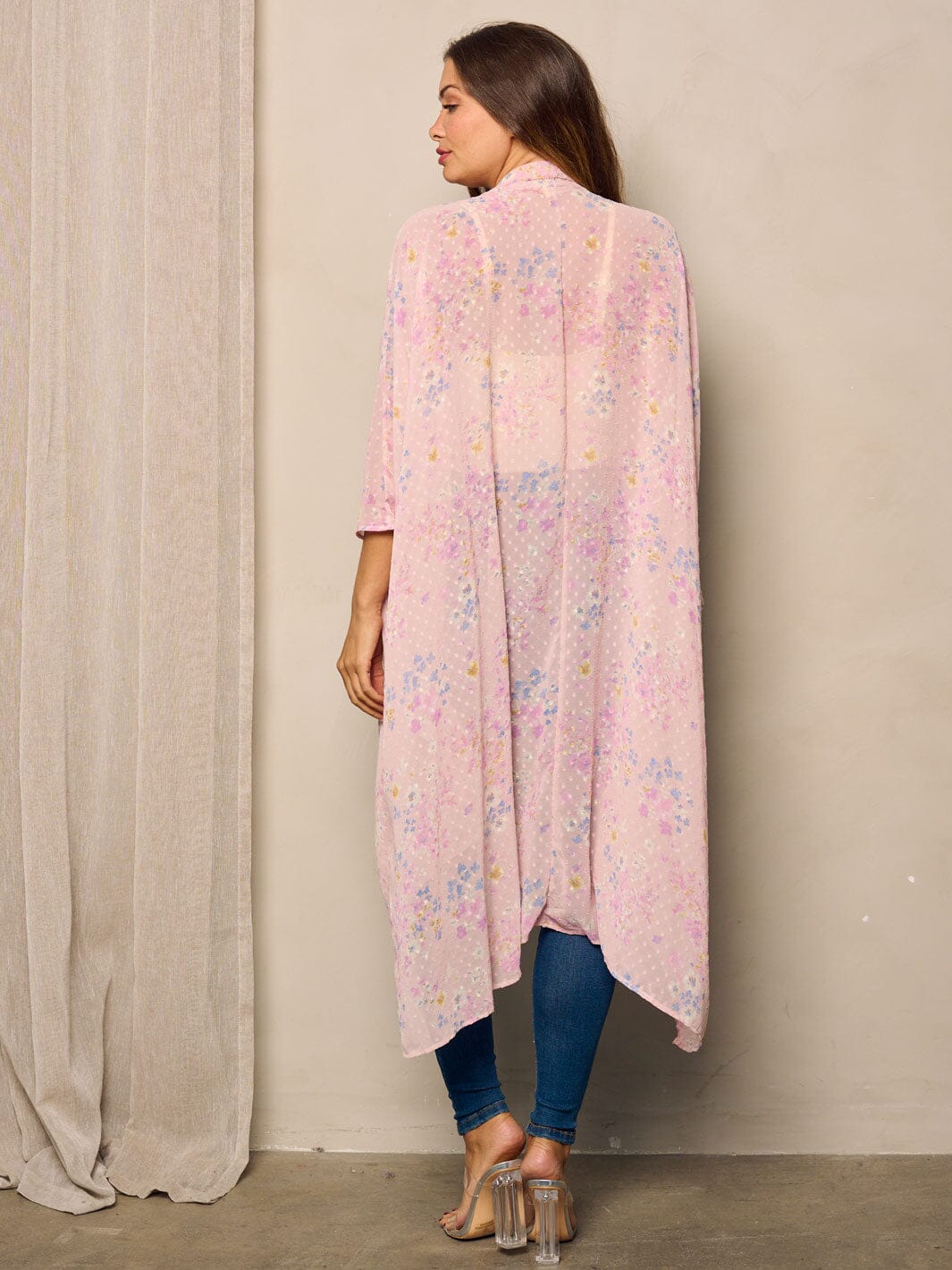 WOMEN'S SHORT SLEEVE OPEN FRONT SWISS DOTS FLORAL KIMONO