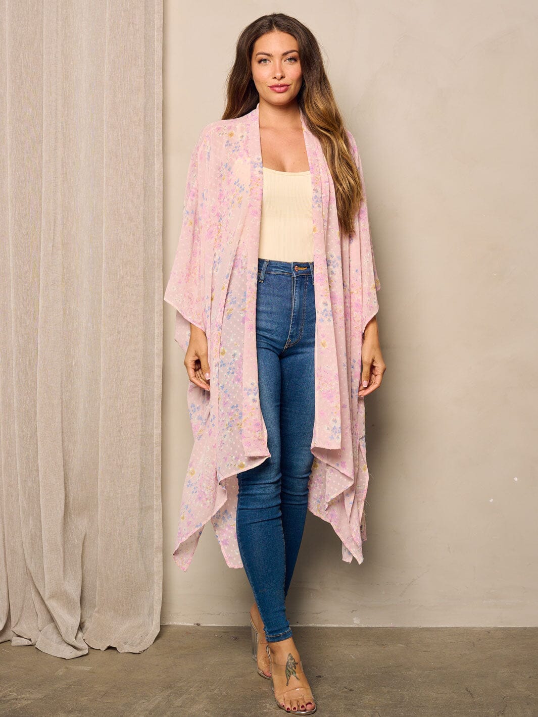 WOMEN'S SHORT SLEEVE OPEN FRONT SWISS DOTS FLORAL KIMONO