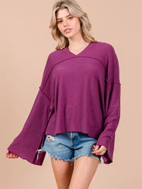 WOMEN'S LONG BELL SLEEVE V-NECK HOODED OVERSIZED TOP