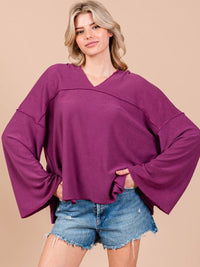 WOMEN'S LONG BELL SLEEVE V-NECK HOODED OVERSIZED TOP