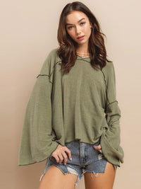 WOMEN'S LONG BELL SLEEVE V-NECK HOODED OVERSIZED TOP