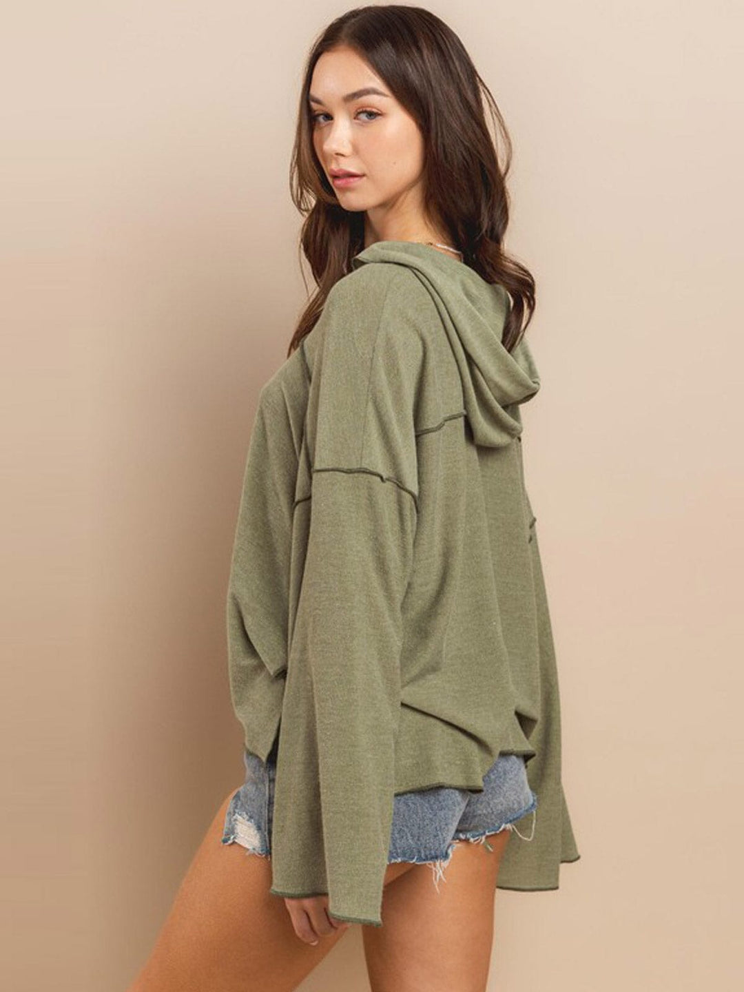 WOMEN'S LONG BELL SLEEVE V-NECK HOODED OVERSIZED TOP
