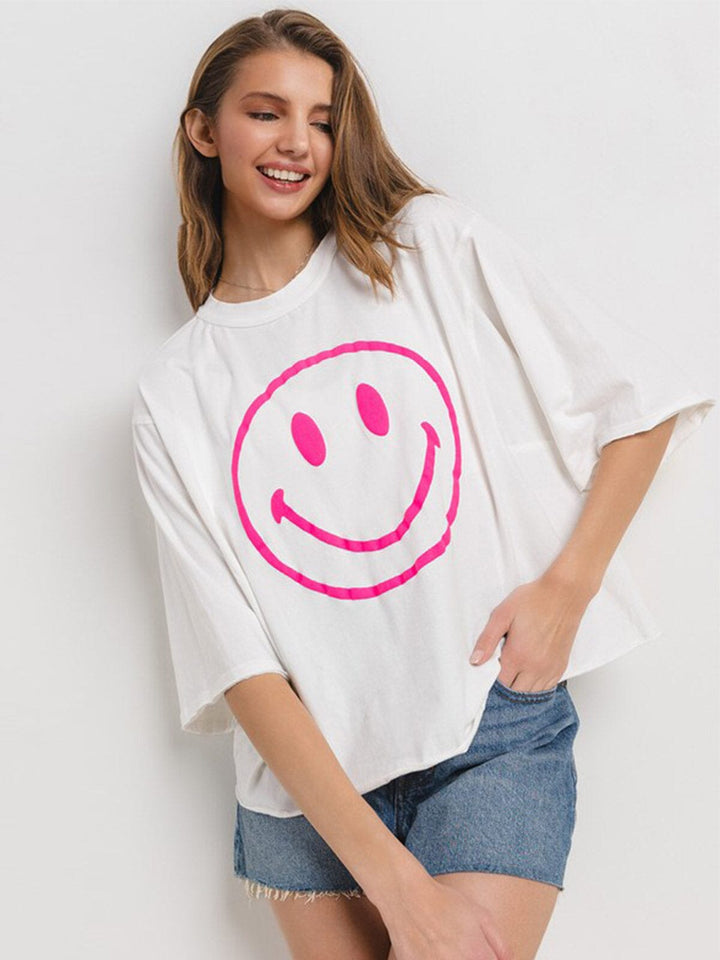WOMEN'S SHORT SLEEVE HAPPY FACE GRAPHIC BASIC TOP