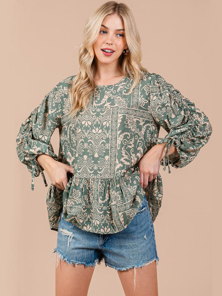 WOMEN'S LONG RUCHED SLEEVE TUNIC MULTI PRINT BLOUSE