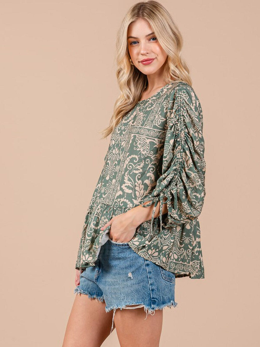 WOMEN'S LONG RUCHED SLEEVE TUNIC MULTI PRINT BLOUSE