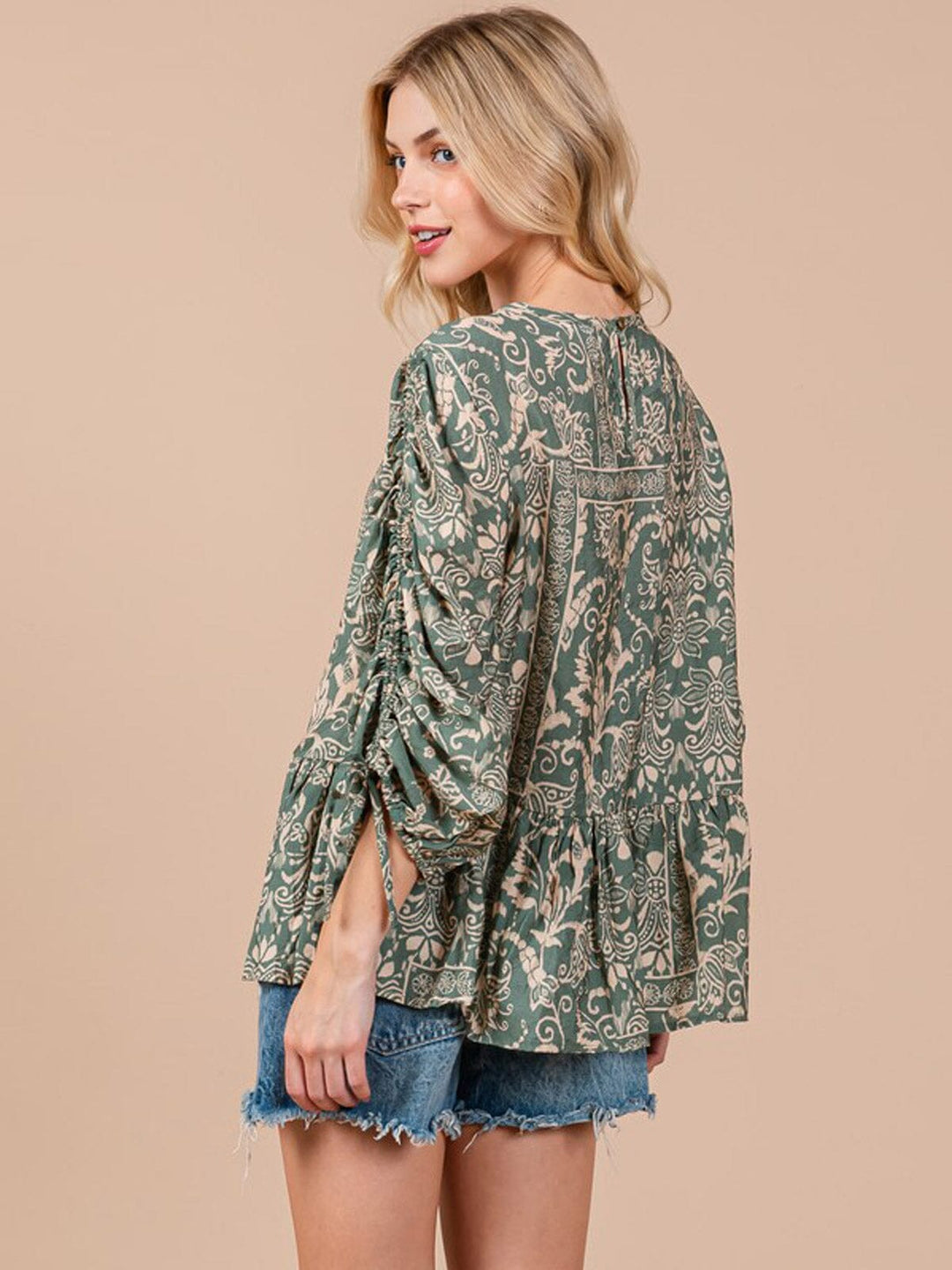 WOMEN'S LONG RUCHED SLEEVE TUNIC MULTI PRINT BLOUSE