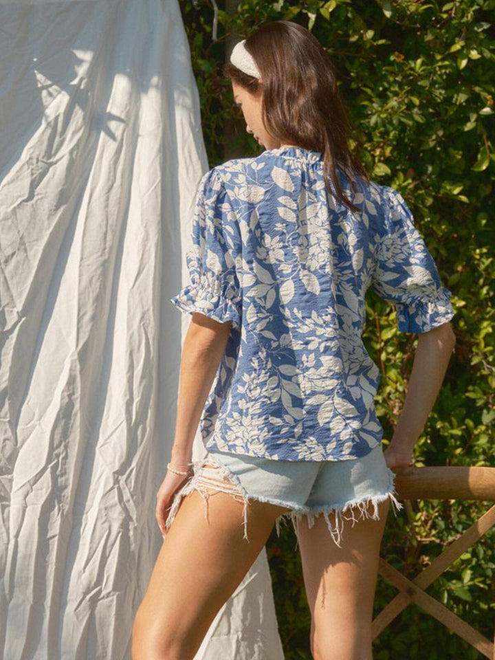 WOMEN'S SHORT SLEEVE MOCH NECK FLORAL PRINT TUNIC BLOUSE