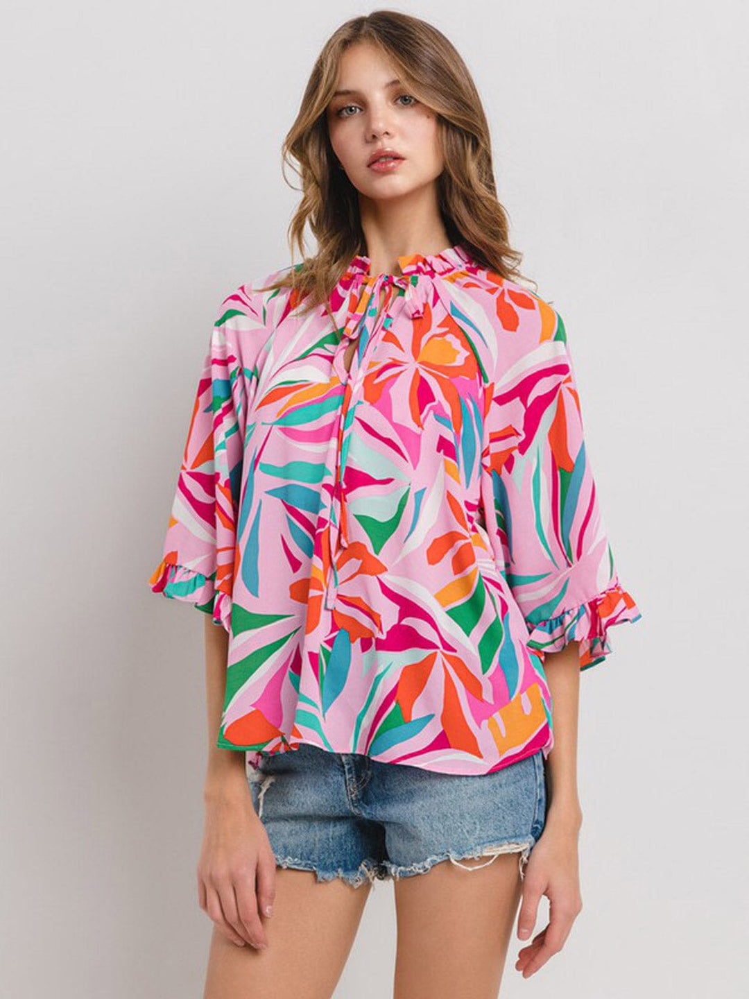 WOMEN'S 3/4 RUFFLE SLEEVE V-NECK MULTI PRINT BLOUSE