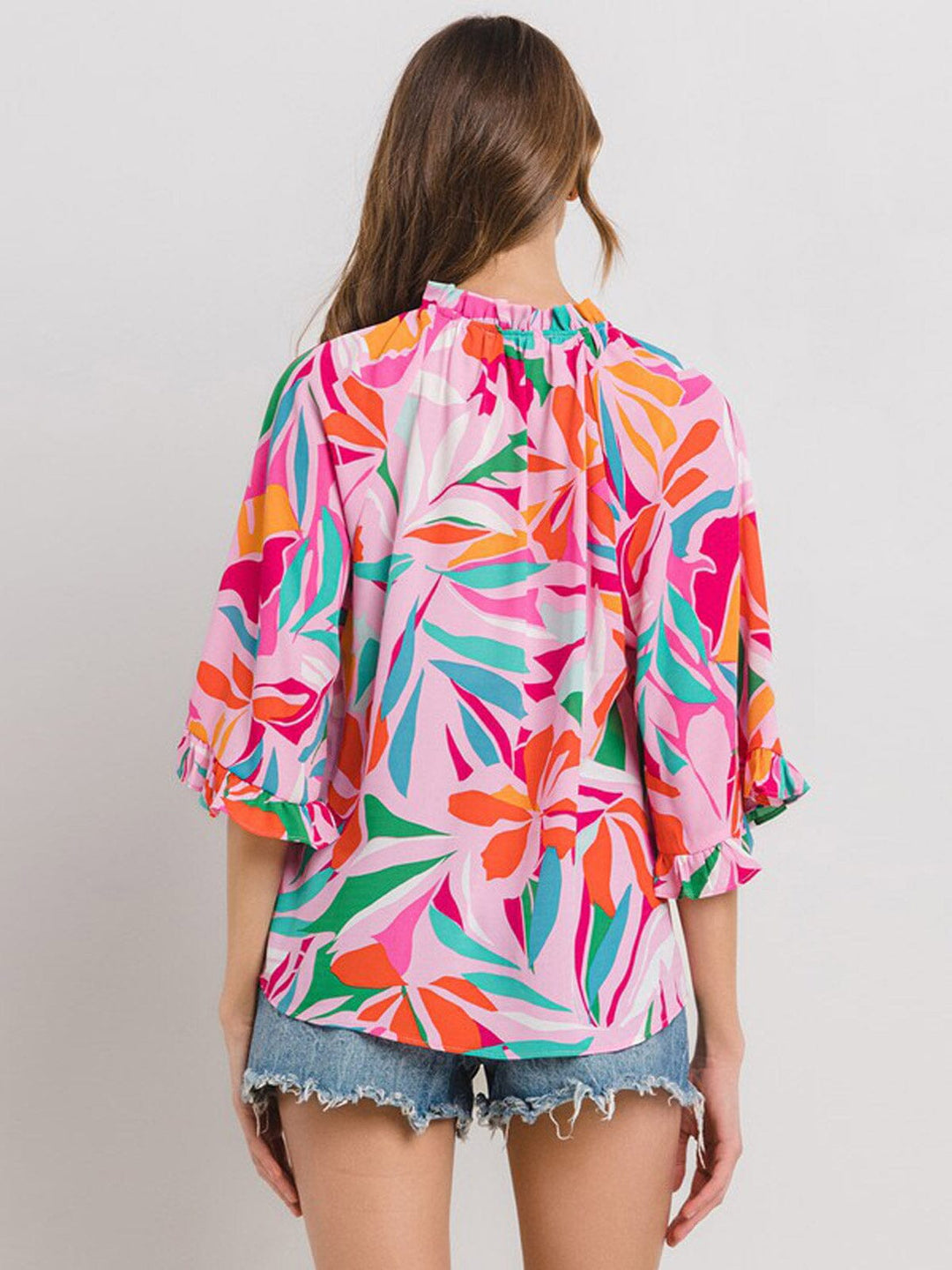 WOMEN'S 3/4 RUFFLE SLEEVE V-NECK MULTI PRINT BLOUSE
