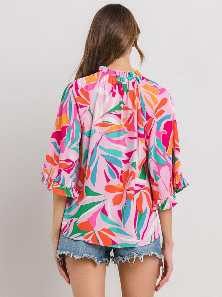 WOMEN'S 3/4 RUFFLE SLEEVE V-NECK MULTI PRINT BLOUSE