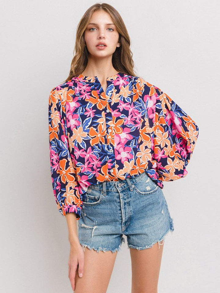 WOMEN'S 3/4 SLEEVE TUNIC FLORAL BLOUSE TOP